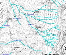 Topographische Karte (mit Bachläufen) des Kartiergebietes